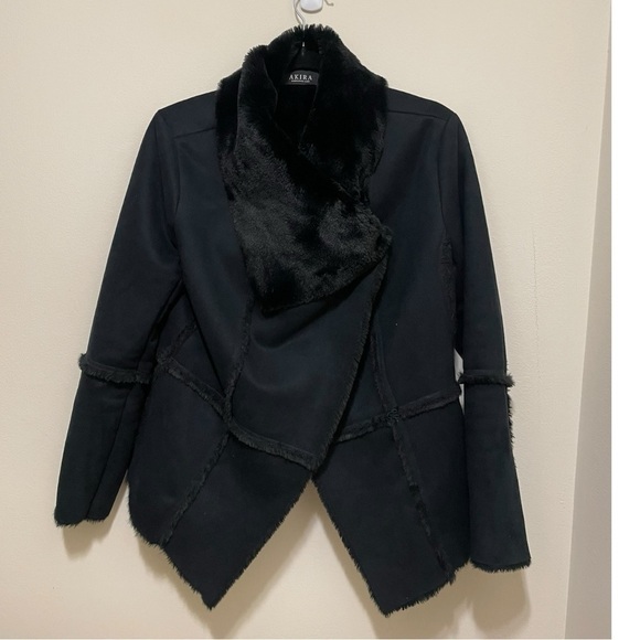 AKIRA FAUX SUEDE LEATHER FUR COAT, SIZE SMALL - Picture 1 of 16